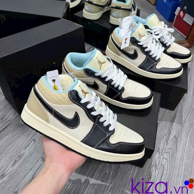 Giày Nike nữ Jordan màu vàng kem phối da đen Rep cổ thấp