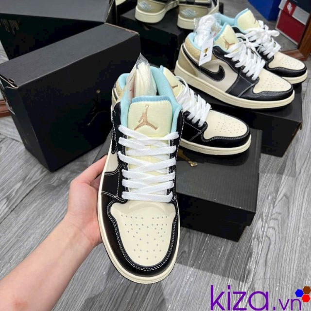 Giày sneaker Nike Jordan màu vàng kem phối da đen Rep cổ thấp