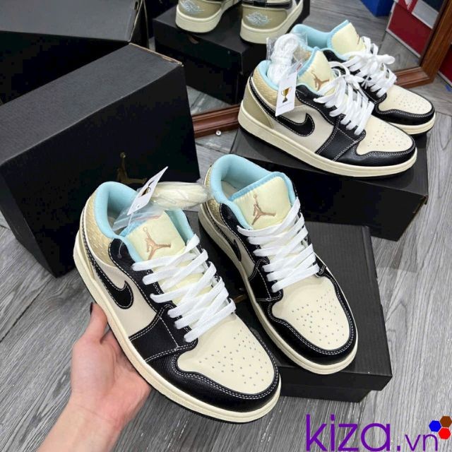 Giày Nike nam Jordan màu vàng kem phối da đen Rep cổ thấp