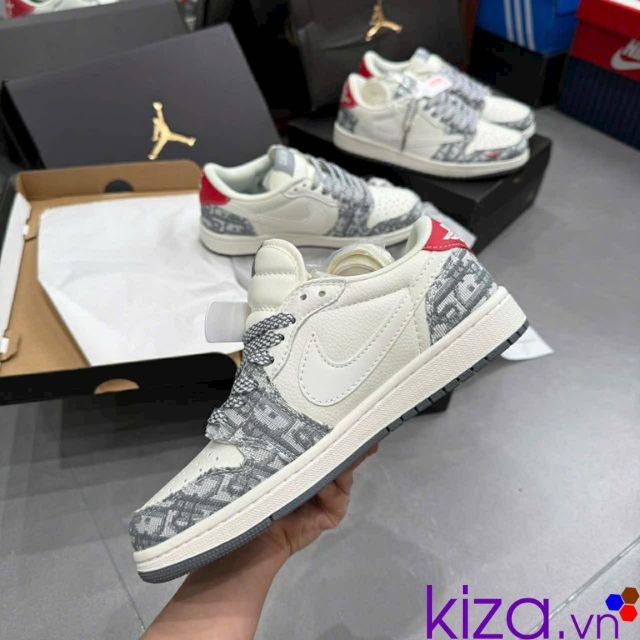 Giày nike jordan travis Dior màu trắng xám gót đỏ