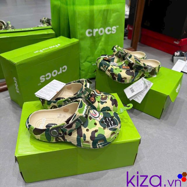 D&eacute;p crocs bape camo m&agrave;u xanh l&aacute;