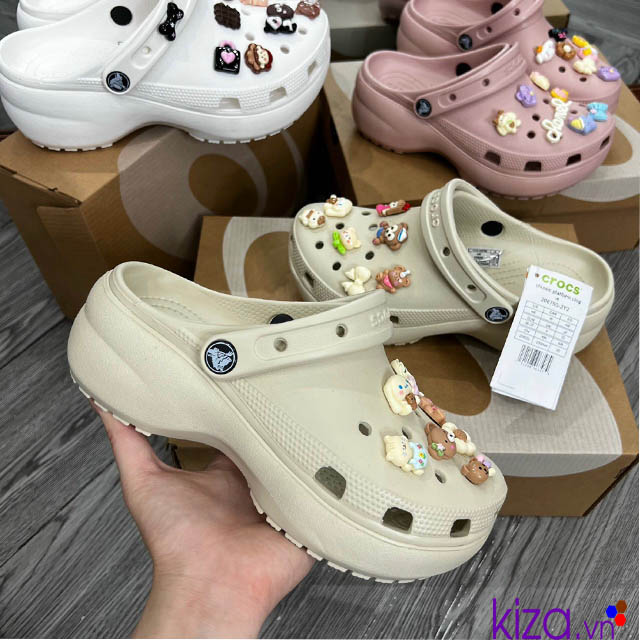 Dép crocs kem vàng đế cao 5cm