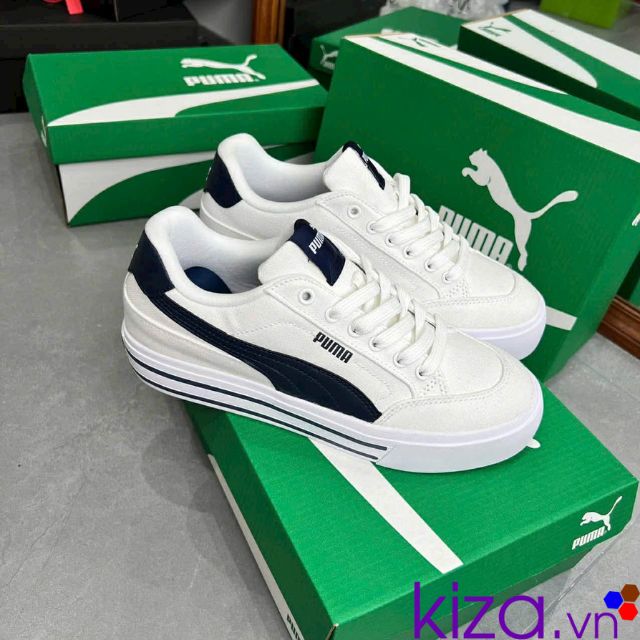 Gi&agrave;y Puma Court Classic vulc m&agrave;u trắng kẻ xanh than